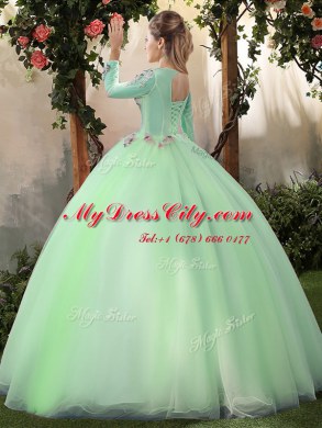 Scoop Long Sleeves Quinceanera Dress Floor Length Appliques Apple Green Tulle