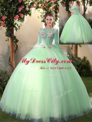 Scoop Long Sleeves Quinceanera Dress Floor Length Appliques Apple Green Tulle