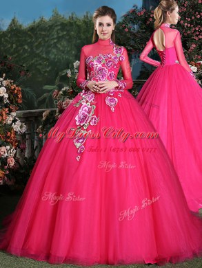 Stylish Coral Red Long Sleeves With Train Appliques Lace Up Sweet 16 Dress