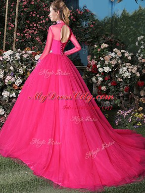 Stylish Coral Red Long Sleeves With Train Appliques Lace Up Sweet 16 Dress