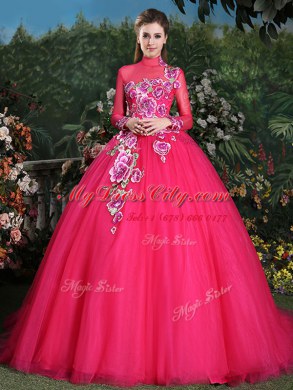 Stylish Coral Red Long Sleeves With Train Appliques Lace Up Sweet 16 Dress
