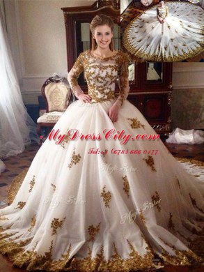 Scoop With Train White Sweet 16 Dress Tulle Chapel Train Long Sleeves Appliques