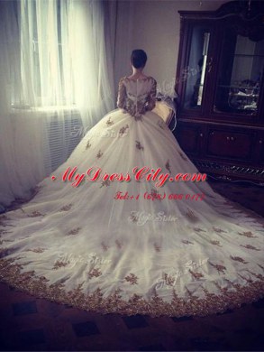Scoop With Train White Sweet 16 Dress Tulle Chapel Train Long Sleeves Appliques