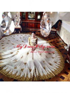 Scoop With Train White Sweet 16 Dress Tulle Chapel Train Long Sleeves Appliques