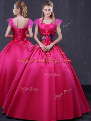 Excellent Hot Pink Cap Sleeves Appliques Floor Length Sweet 16 Dress