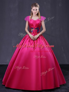 Excellent Hot Pink Cap Sleeves Appliques Floor Length Sweet 16 Dress
