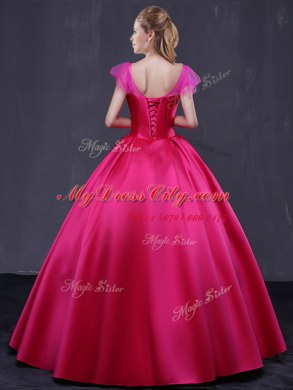Excellent Hot Pink Cap Sleeves Appliques Floor Length Sweet 16 Dress