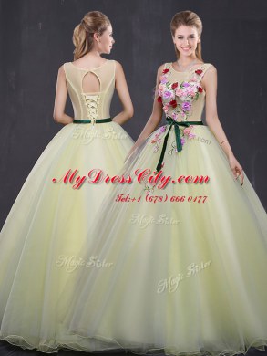 Custom Fit Scoop Sleeveless Organza Sweet 16 Dresses Appliques Lace Up