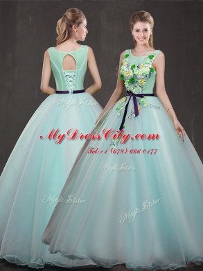Scoop Sleeveless Lace Up 15 Quinceanera Dress Apple Green Organza