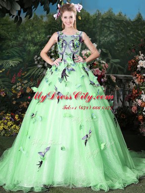 Scoop Appliques Quinceanera Dresses Apple Green Zipper Sleeveless Brush Train