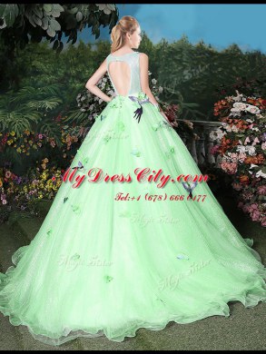 Scoop Appliques Quinceanera Dresses Apple Green Zipper Sleeveless Brush Train