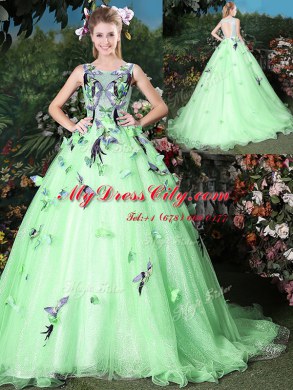 Scoop Appliques Quinceanera Dresses Apple Green Zipper Sleeveless Brush Train