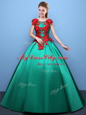 Scoop Green Cap Sleeves Floor Length Appliques Lace Up Quinceanera Dress