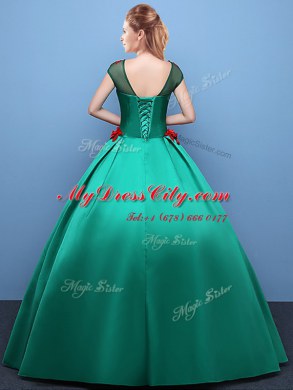 Scoop Green Cap Sleeves Floor Length Appliques Lace Up Quinceanera Dress