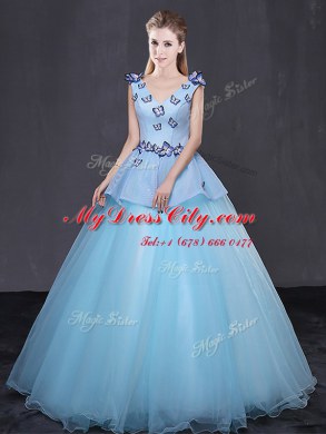 Tulle Sleeveless Floor Length Ball Gown Prom Dress and Appliques