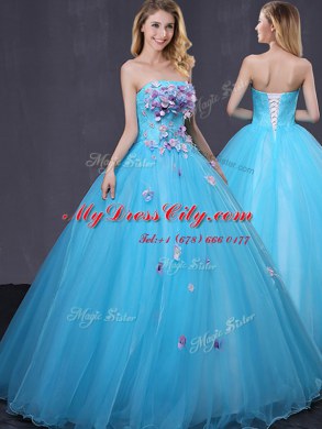 Designer Baby Blue Sleeveless Appliques Floor Length Sweet 16 Dresses