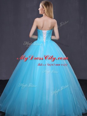 Designer Baby Blue Sleeveless Appliques Floor Length Sweet 16 Dresses