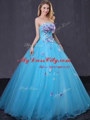 Designer Baby Blue Sleeveless Appliques Floor Length Sweet 16 Dresses