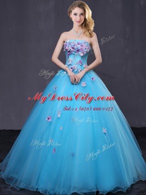 Designer Baby Blue Sleeveless Appliques Floor Length Sweet 16 Dresses