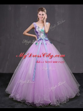 V-neck Sleeveless Lace Up Sweet 16 Dress Lilac Tulle