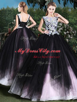 Delicate Pink And Black Lace Up Scoop Appliques and Ruffles 15th Birthday Dress Tulle Sleeveless