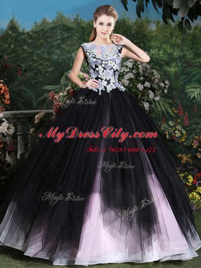 Delicate Pink And Black Lace Up Scoop Appliques and Ruffles 15th Birthday Dress Tulle Sleeveless