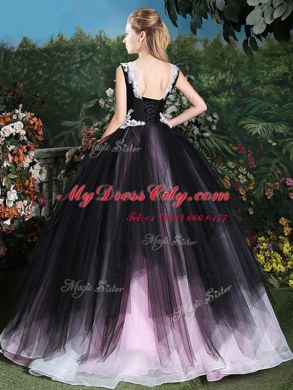 Delicate Pink And Black Lace Up Scoop Appliques and Ruffles 15th Birthday Dress Tulle Sleeveless