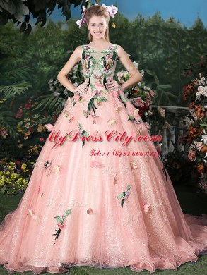 Scoop Lace Up Sweet 16 Dress Baby Pink for Military Ball and Sweet 16 and Quinceanera with Appliques Brush Train