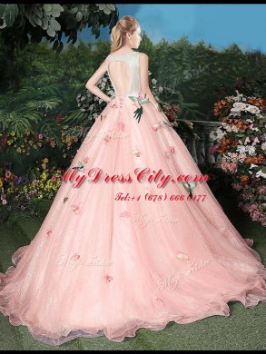 Scoop Lace Up Sweet 16 Dress Baby Pink for Military Ball and Sweet 16 and Quinceanera with Appliques Brush Train