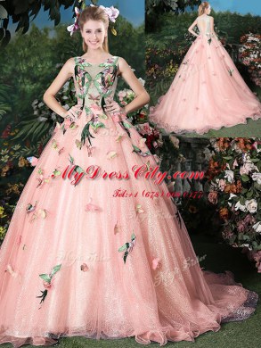 Scoop Lace Up Sweet 16 Dress Baby Pink for Military Ball and Sweet 16 and Quinceanera with Appliques Brush Train