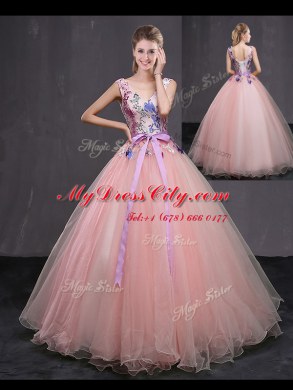 Fabulous Ball Gowns Quinceanera Gowns Baby Pink V-neck Tulle Sleeveless Floor Length Lace Up