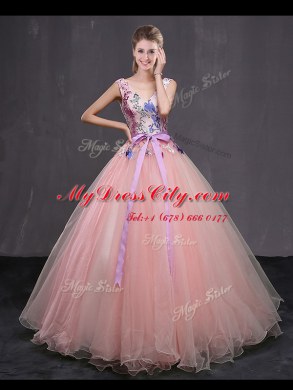 Fabulous Ball Gowns Quinceanera Gowns Baby Pink V-neck Tulle Sleeveless Floor Length Lace Up
