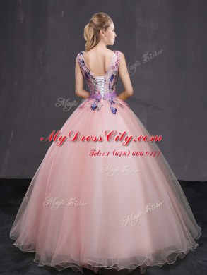 Fabulous Ball Gowns Quinceanera Gowns Baby Pink V-neck Tulle Sleeveless Floor Length Lace Up