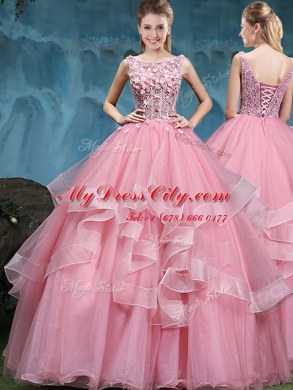 Dramatic Scoop Sleeveless Vestidos de Quinceanera Floor Length Lace and Appliques and Ruffles Baby Pink Tulle
