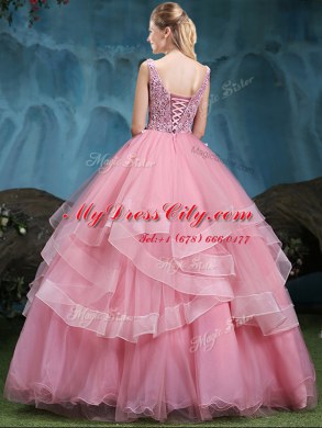 Dramatic Scoop Sleeveless Vestidos de Quinceanera Floor Length Lace and Appliques and Ruffles Baby Pink Tulle