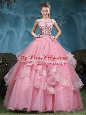 Dramatic Scoop Sleeveless Vestidos de Quinceanera Floor Length Lace and Appliques and Ruffles Baby Pink Tulle