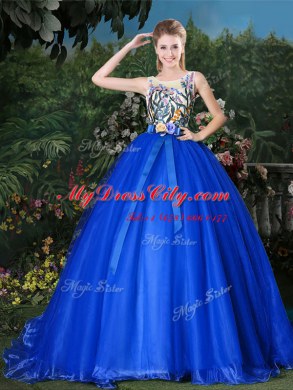 Sexy Scoop Royal Blue Zipper Sweet 16 Dress Appliques and Belt Sleeveless Brush Train