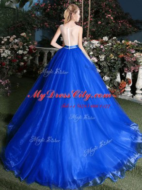 Sexy Scoop Royal Blue Zipper Sweet 16 Dress Appliques and Belt Sleeveless Brush Train