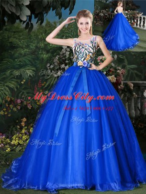Sexy Scoop Royal Blue Zipper Sweet 16 Dress Appliques and Belt Sleeveless Brush Train