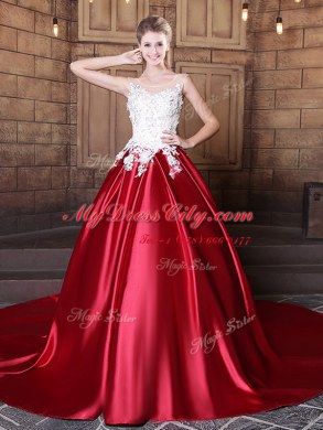New Arrival Wine Red Ball Gowns Elastic Woven Satin Scoop Sleeveless Lace and Appliques Floor Length Lace Up Quinceanera Gowns