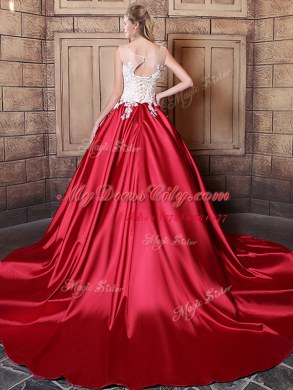 New Arrival Wine Red Ball Gowns Elastic Woven Satin Scoop Sleeveless Lace and Appliques Floor Length Lace Up Quinceanera Gowns