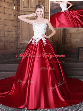 New Arrival Wine Red Ball Gowns Elastic Woven Satin Scoop Sleeveless Lace and Appliques Floor Length Lace Up Quinceanera Gowns