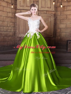 Amazing Court Train Ball Gowns Quince Ball Gowns Yellow Green Scoop Elastic Woven Satin Sleeveless With Train Lace Up