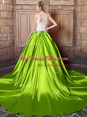 Amazing Court Train Ball Gowns Quince Ball Gowns Yellow Green Scoop Elastic Woven Satin Sleeveless With Train Lace Up