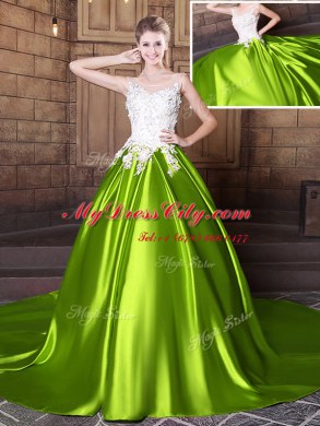 Amazing Court Train Ball Gowns Quince Ball Gowns Yellow Green Scoop Elastic Woven Satin Sleeveless With Train Lace Up