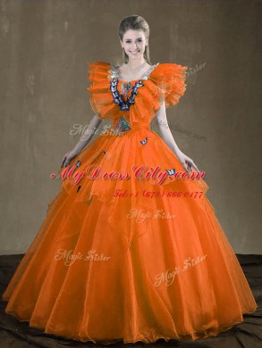 Free and Easy Floor Length Lace Up Sweet 16 Dress Orange Red for Military Ball and Sweet 16 and Quinceanera with Appliques and Ruffles