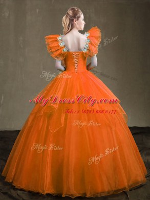 Free and Easy Floor Length Lace Up Sweet 16 Dress Orange Red for Military Ball and Sweet 16 and Quinceanera with Appliques and Ruffles