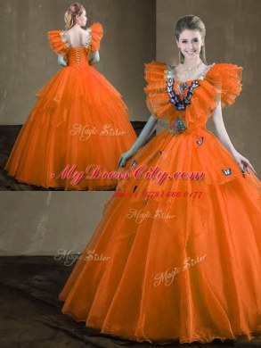 Free and Easy Floor Length Lace Up Sweet 16 Dress Orange Red for Military Ball and Sweet 16 and Quinceanera with Appliques and Ruffles