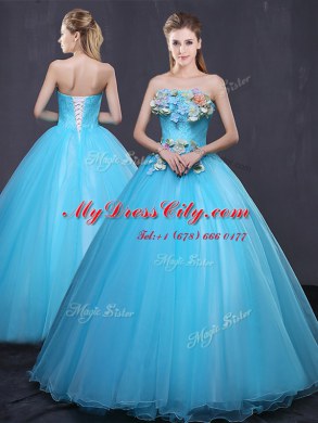Baby Blue Sleeveless Appliques Floor Length Sweet 16 Quinceanera Dress