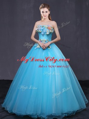 Baby Blue Sleeveless Appliques Floor Length Sweet 16 Quinceanera Dress